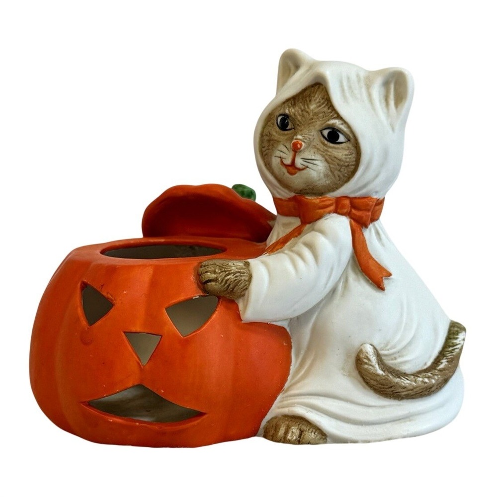 Vintage Halloween Cat Ghost Costume Pumpkin Votive Candle Holder Taiwan VT-8159